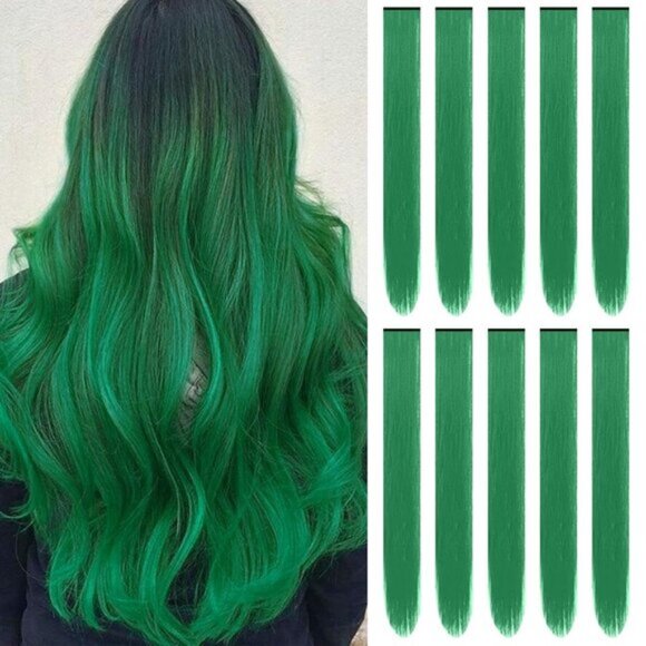 New 10PCS 22" Dark Green Straight Highlights Colored Clip-in Hair Extensions
